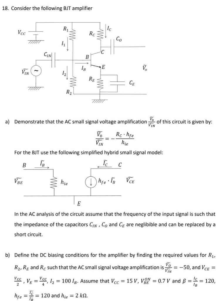 Solved 18. Consider the following BJT amplifier R1 V cc Rc | Chegg.com