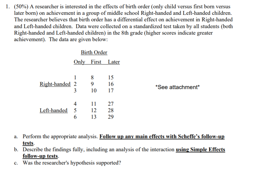 Solved 1. (50%) A researcher is interested in the effects of | Chegg.com
