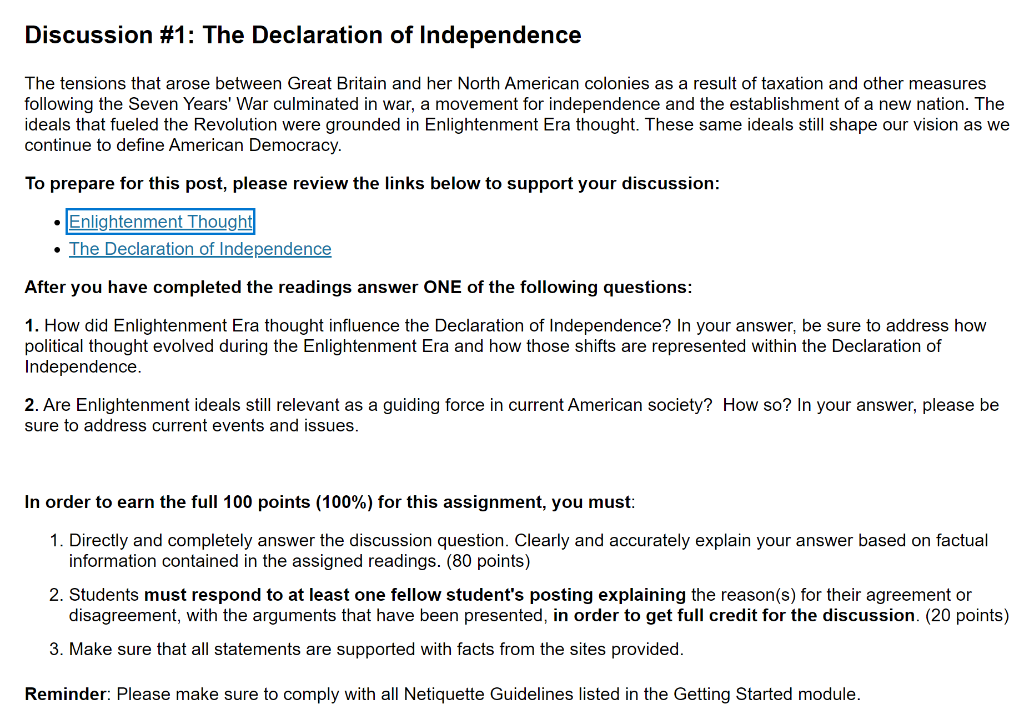 Solved Discussion #1: The Declaration of Independence The | Chegg.com