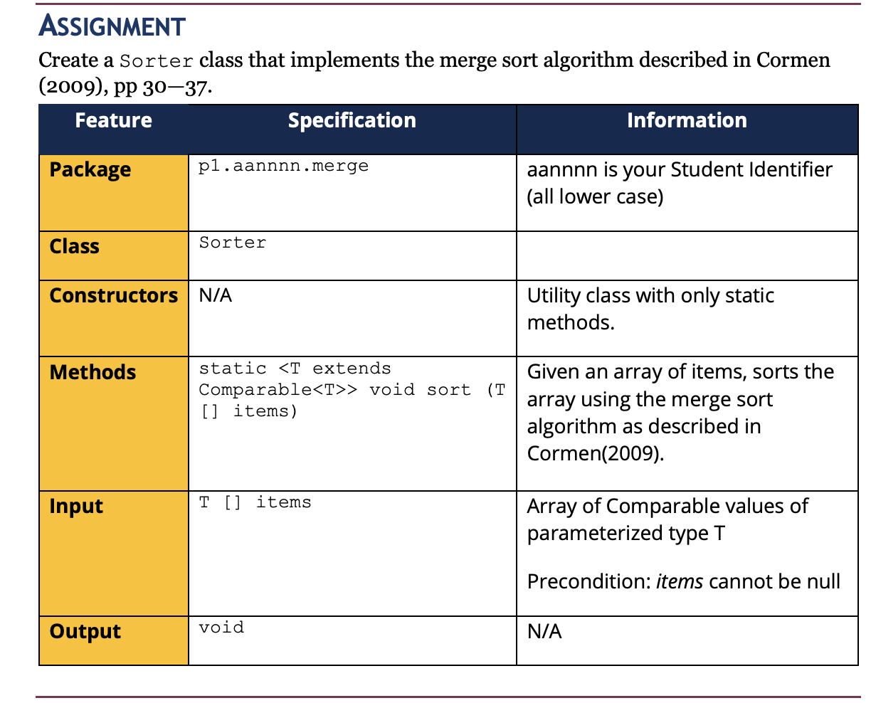 ASSIGNMENT Create a Sorter class that implements the | Chegg.com