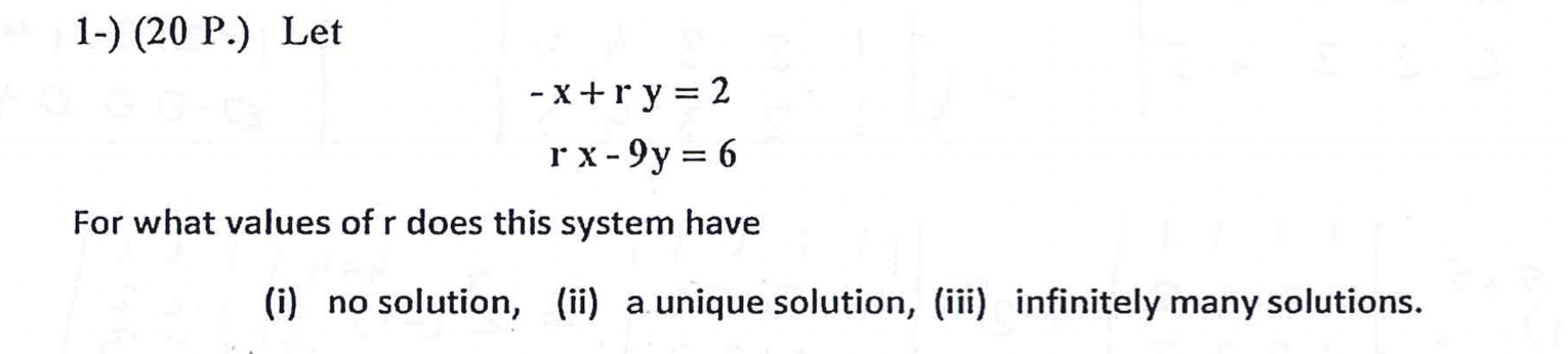 Solved −x+ry=2rx−9y=6 For what values of r does this system | Chegg.com