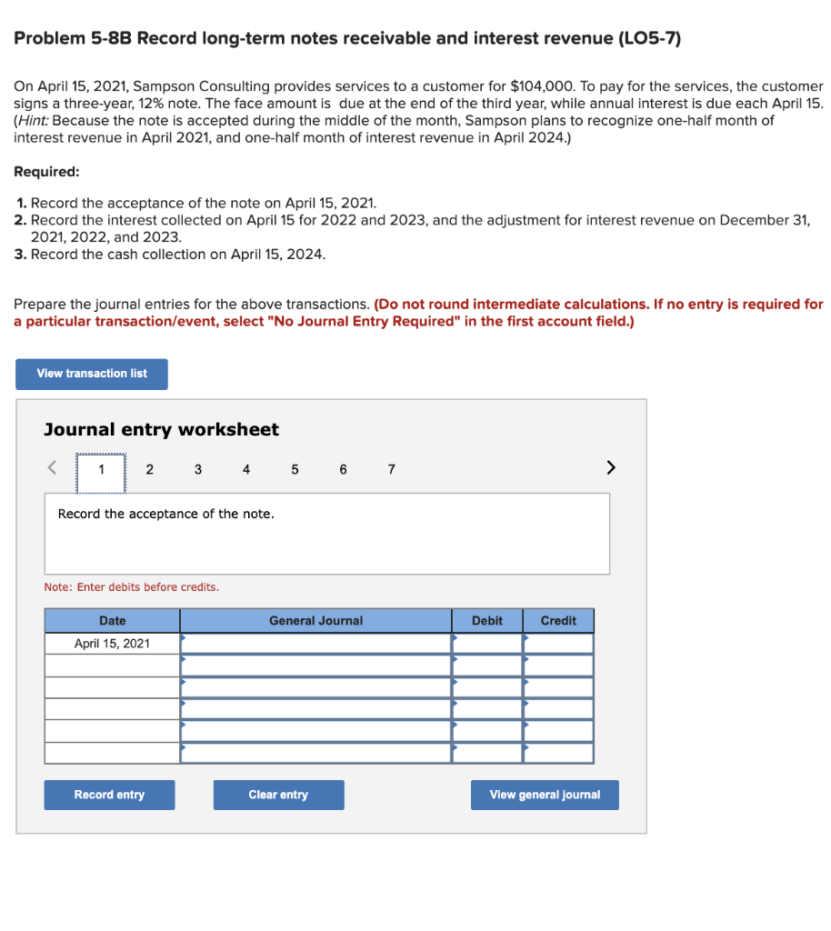 Solved Problem 5-8B Record long-term notes receivable and | Chegg.com