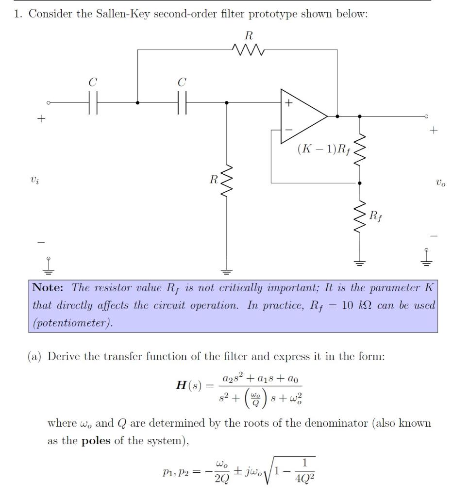 Solved 1. Consider The Sallen-key Second-order Filter 