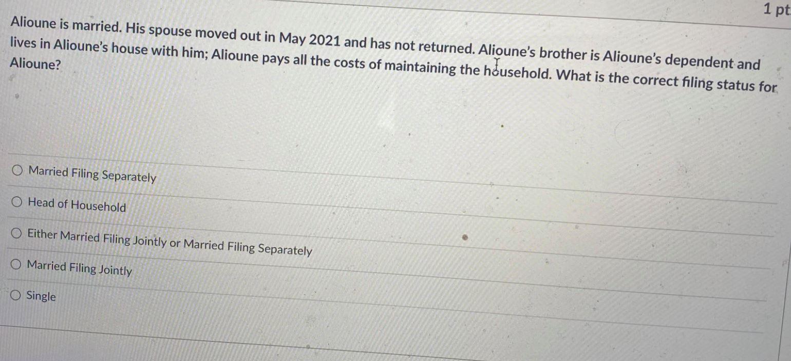 Solved 1 pt Alioune is married. His spouse moved out in May