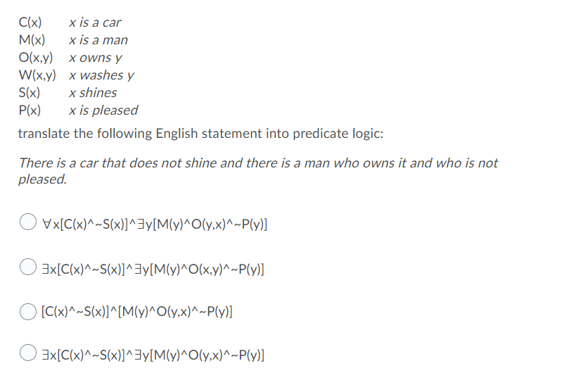 Solved C X X Is A Car M X X Is A Man O X Y Xowns Y W X Chegg Com