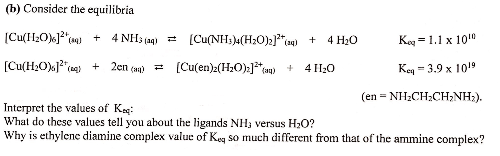 (b) Consider the equilibria
\[
\begin{array}{l}
{\left[\mathrm{Cu}\left(\mathrm{H}_{2} \mathrm{O}\right)_{6}\right]^{2+}{ }_{