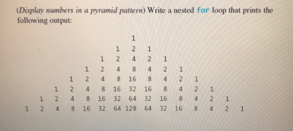 Solved (Display numbers in a pyramid pattern) Write a nested | Chegg.com