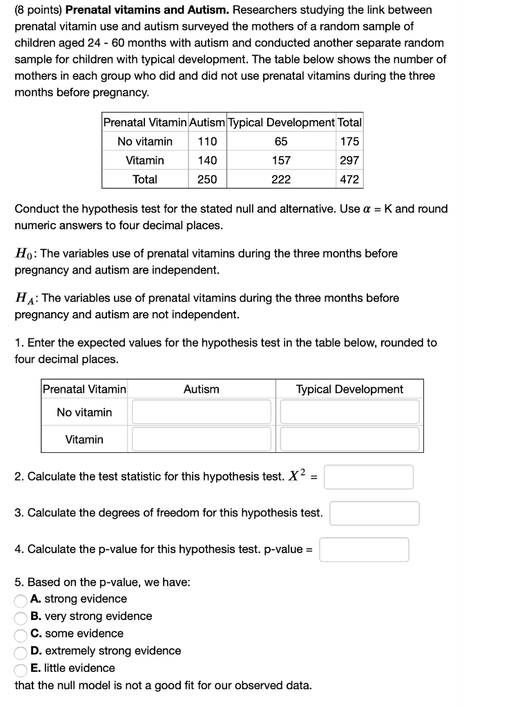Solved (8 points) Prenatal vitamins and Autism. Researchers
