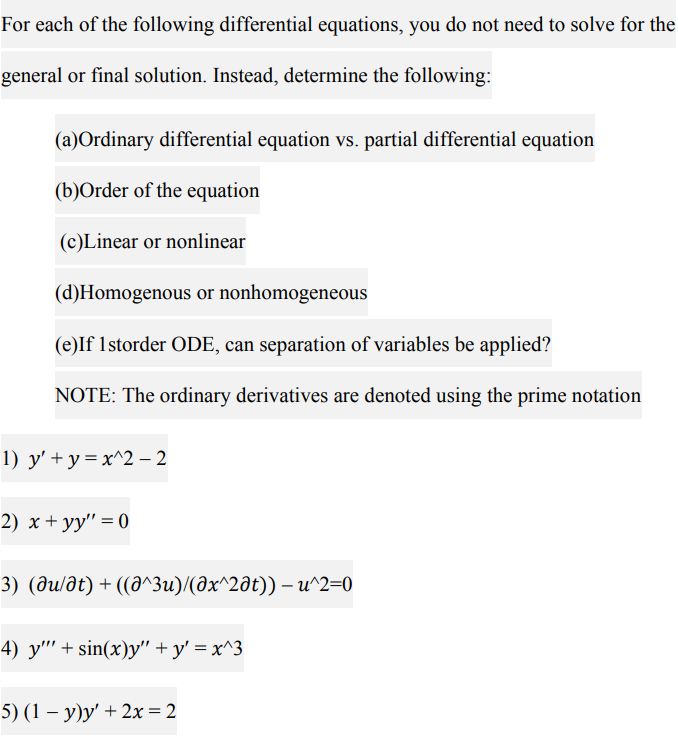 Solved For each of the following differential equations, you | Chegg.com
