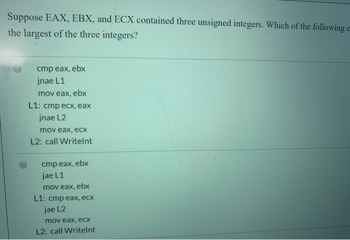 Solved Suppose EAX, EBX, And ECX Contained Three Unsigned | Chegg.com