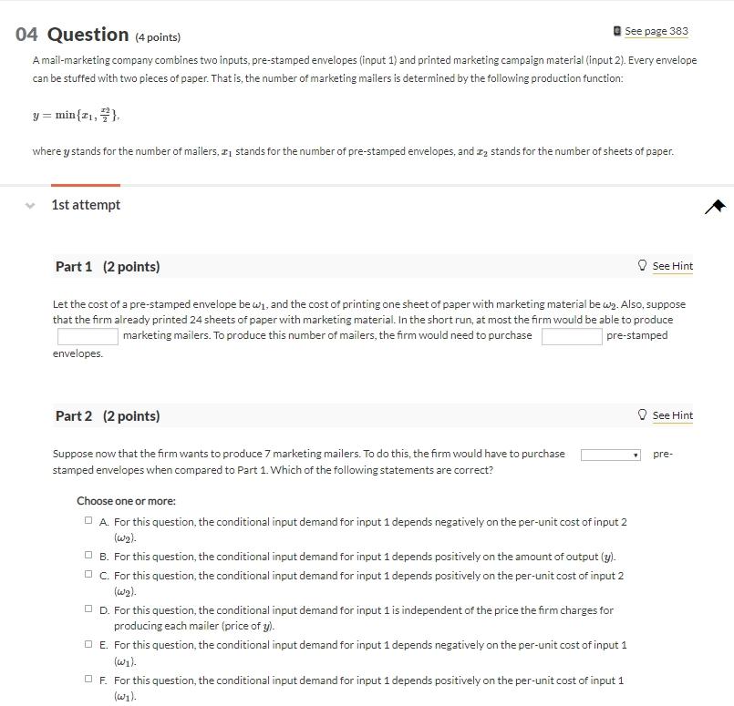 Solved 04 Question (4 points) See page 383 A mail-marketing | Chegg.com