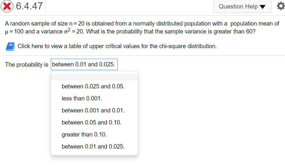 Solved X 6.4.47 Question Help A random sample of size n = 20 | Chegg.com