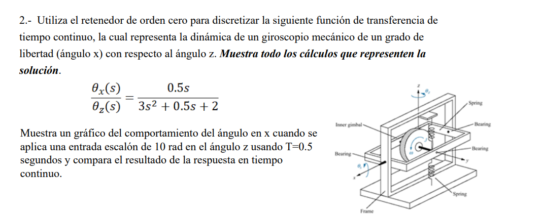 2.- Utiliza el retenedor de orden cero para discretizar la siguiente función de transferencia de tiempo continuo, la cual rep