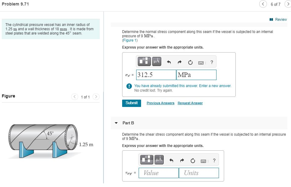 Solved Problem 9.71 6 of 7 Review The cylindrical pressure | Chegg.com