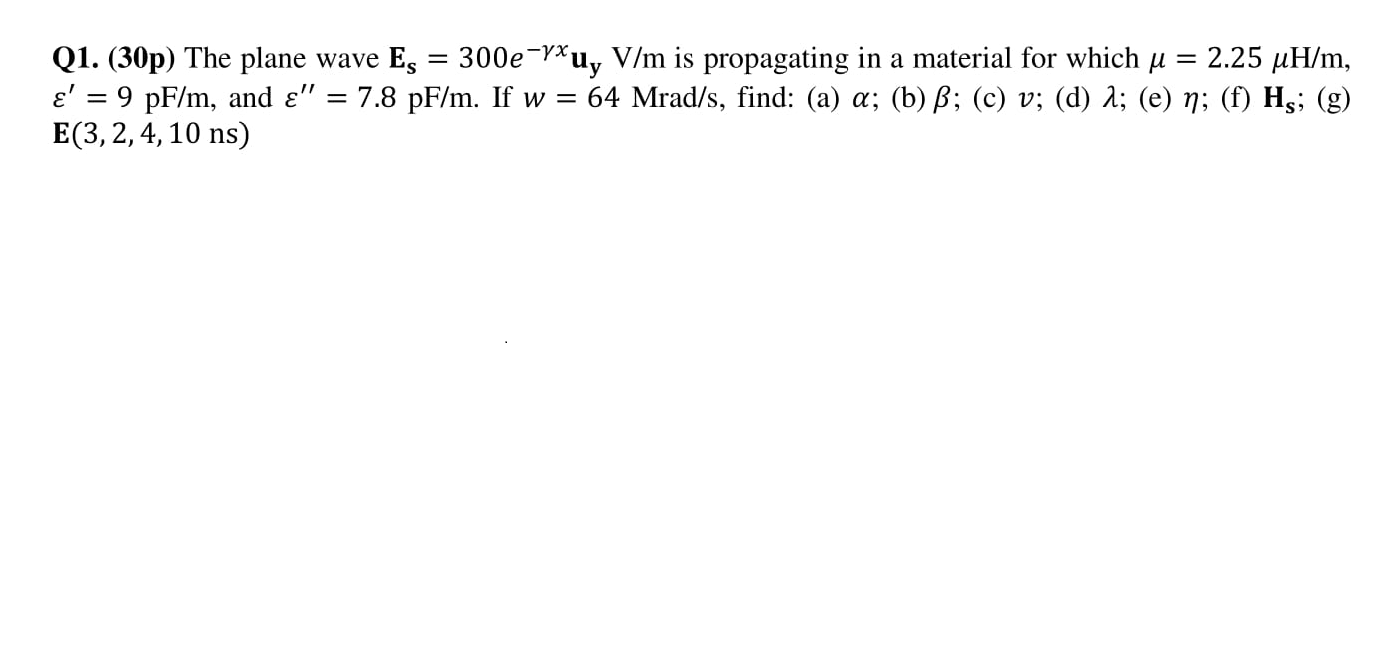 Solved Q1 30p The Plane Wave Es 300e Vxuy V M Is Pro Chegg Com