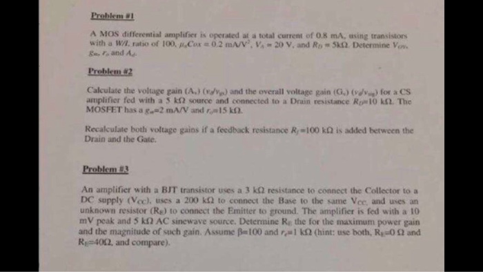 Solved Problem 1 A MOS differential amplifier is operated at | Chegg.com
