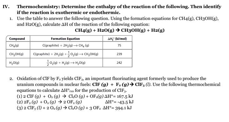 Solved IV. Thermochemistry: Determine the enthalpy of the | Chegg.com