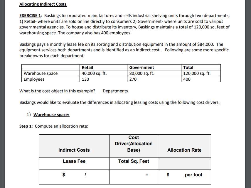 Solved Allocating Indirect Costs EXERCISE 1: Baskings | Chegg.com