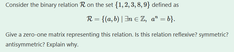 Solved Consider The Binary Relation R On The Set {1,2,3,8,9} | Chegg.com