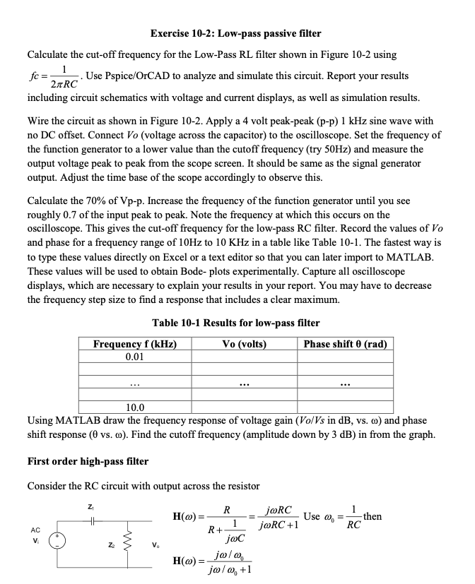 Solved fe=1 Exercise 102 Lowpass passive filter Calculate
