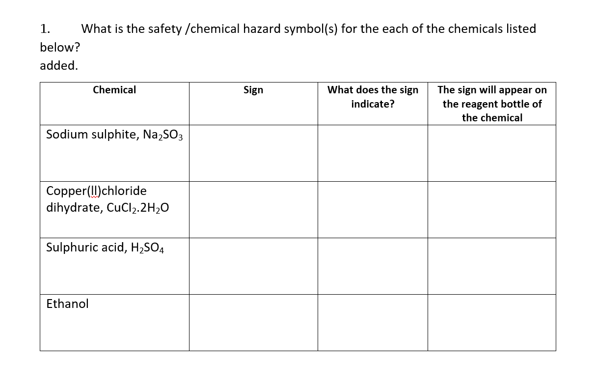 Solved 1 what is the safety chemical hazard symbol s for chegg