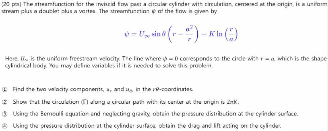 Solved (20 pts) ﻿The streamfunction for the inviscid flow | Chegg.com