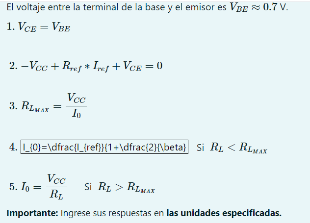 El voltaje entre la terminal de la base y el emisor es \( V_{B E} \approx 0.7 \mathrm{~V} \). 1. \( V_{C E}=V_{B E} \) 2. \(