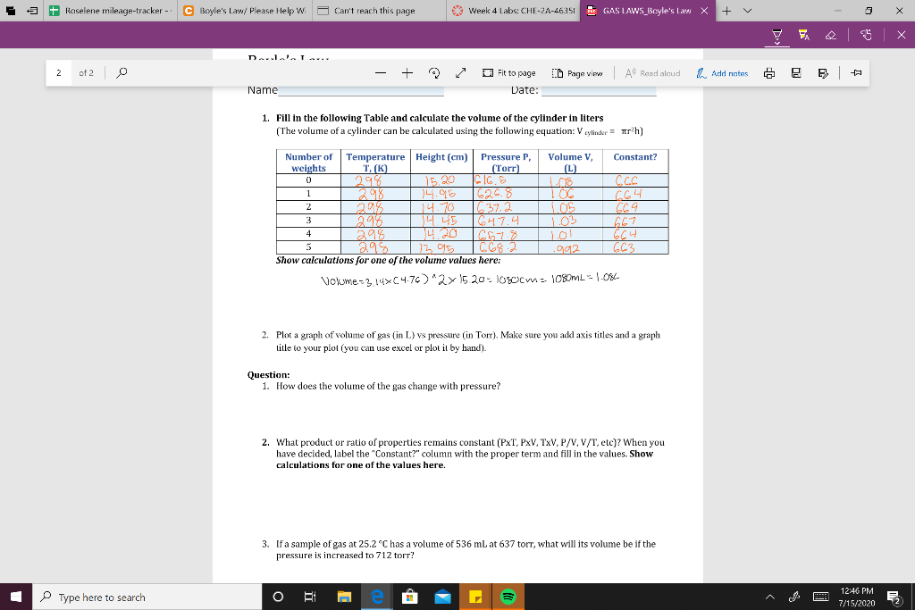 Boyle S Law Based On My Numbers I Filled Out I Ne Chegg Com