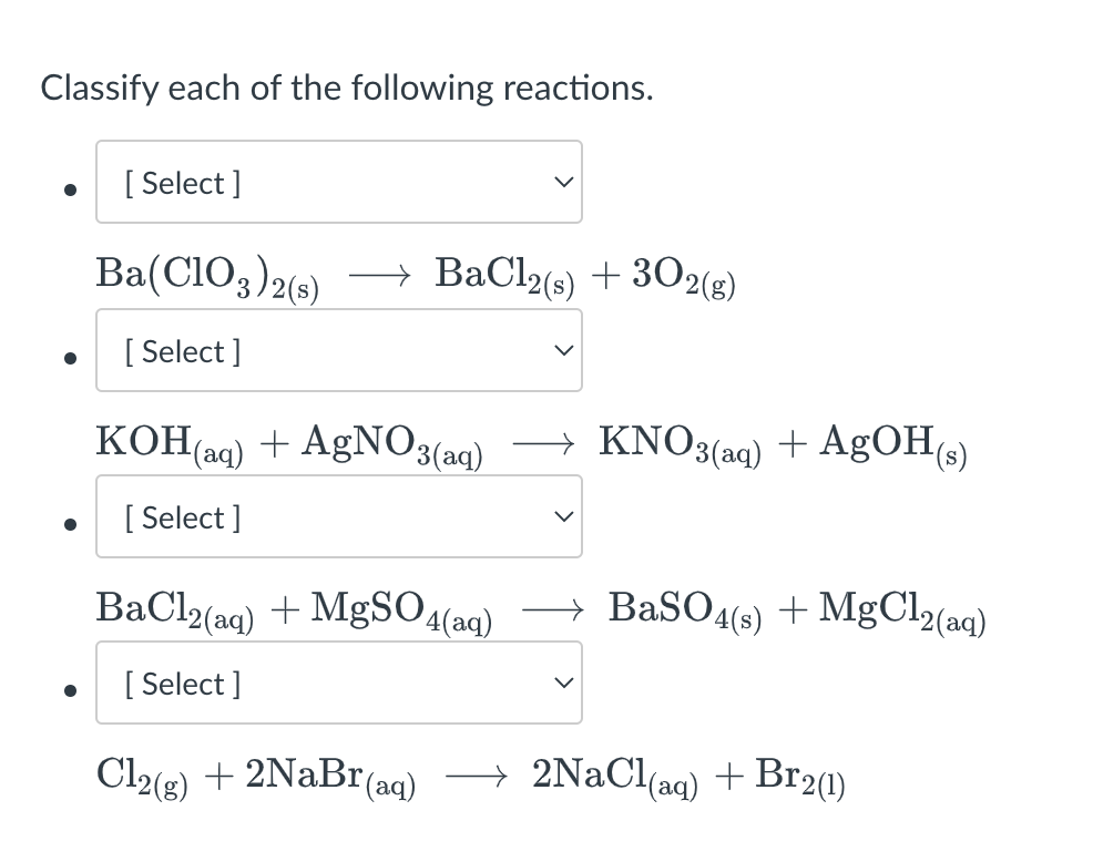 Solved Classify each of the following reactions. . [ Select] | Chegg.com