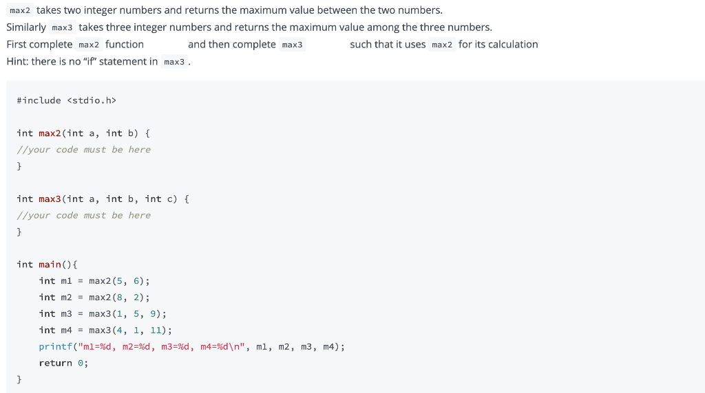 Solved max2 takes two integer numbers and returns the | Chegg.com