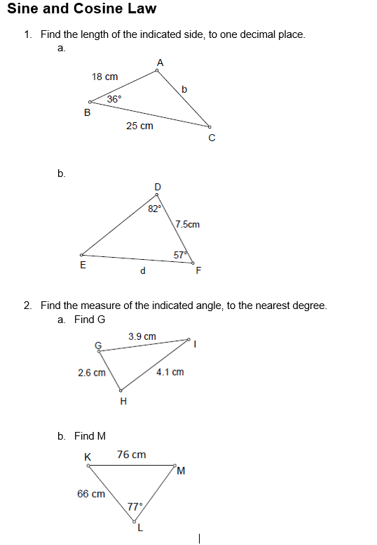 Solved Sine and Cosine Law 1. Find the length of the | Chegg.com