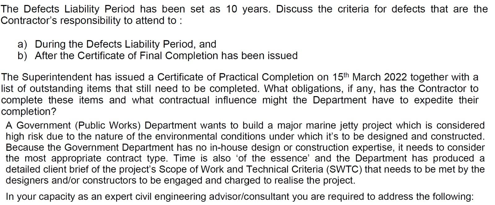 Solved The Defects Liability Period Has Been Set As 10 | Chegg.com