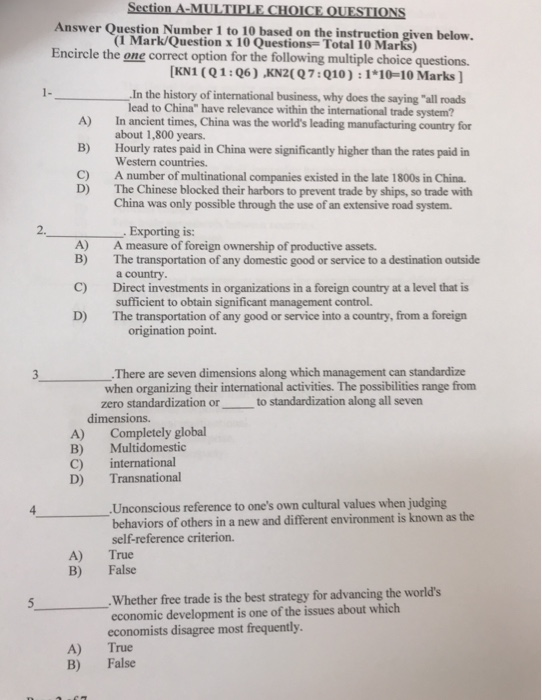 Solved Section A-MULTIPLE CHOICE OUESTİONS Answer Ouestion | Chegg.com