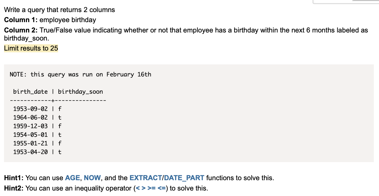 Solved Write a query that returns 2 columns Column 1: | Chegg.com