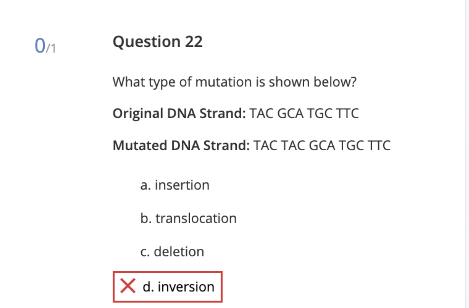 Solved 0/1 Question 22 What type of mutation is shown below? | Chegg.com