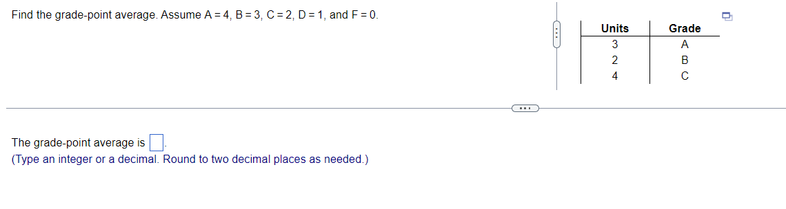 Solved Find the grade-point average. Assume A=4,B=3,C=2,D=1, | Chegg.com