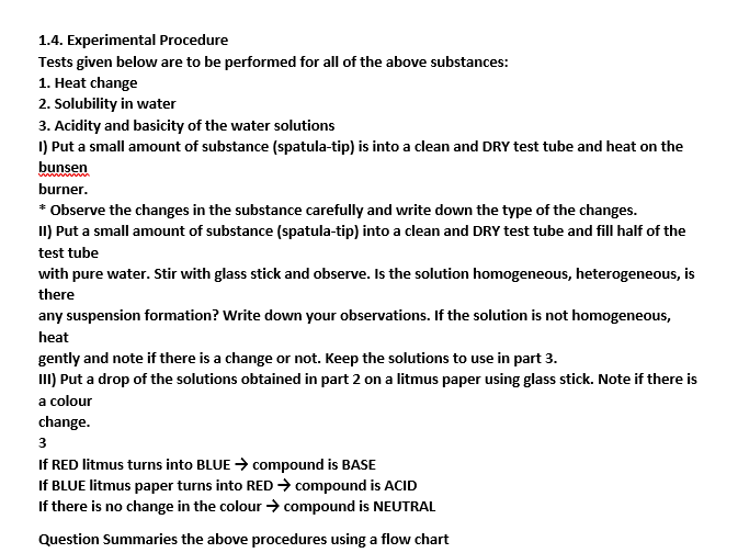 Solved 1.4. Experimental Procedure Tests Given Below Are To | Chegg.com