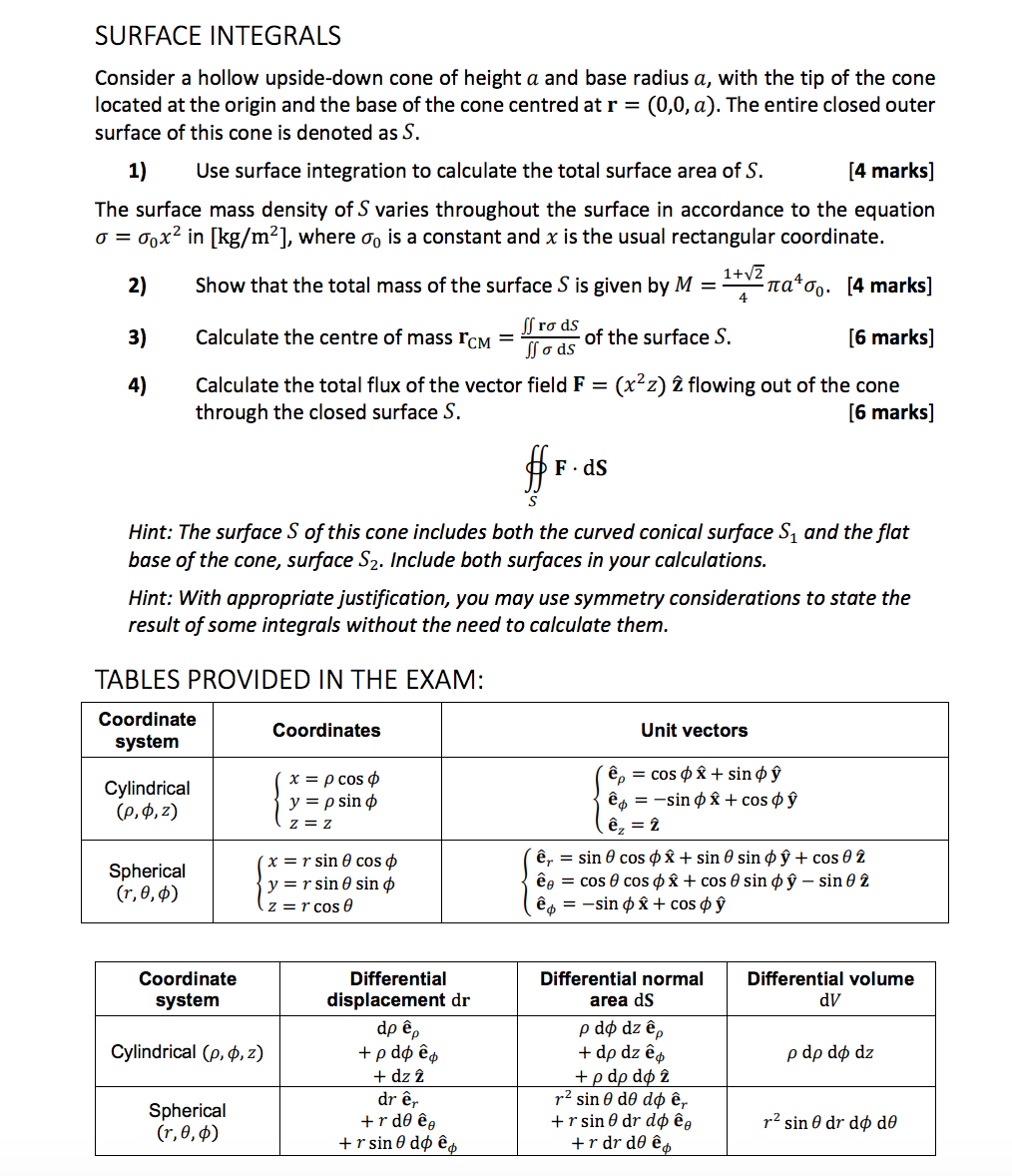 Surface Integrals Consider A Hollow Upside Down Co Chegg Com