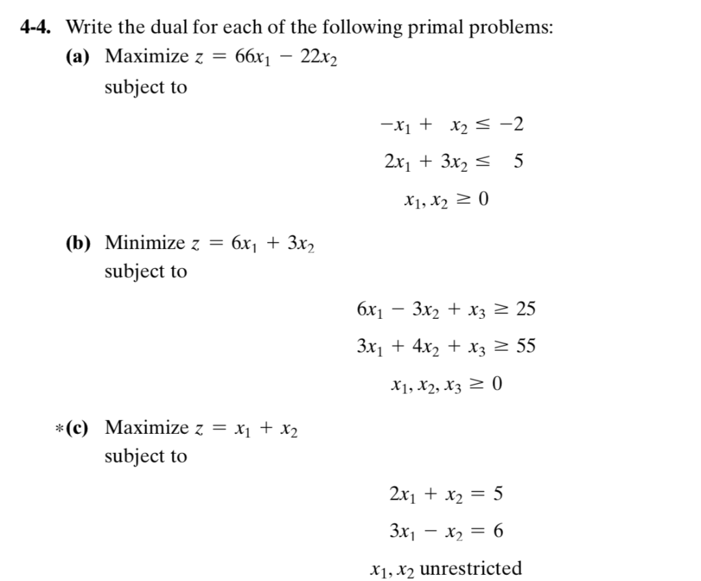 Solved 4-4. Write the dual for each of the following primal | Chegg.com