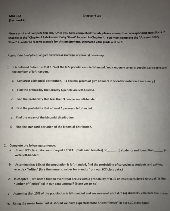 Solved MAT 152 Chapter 4 Lab (Section 4.2) Please print and | Chegg.com