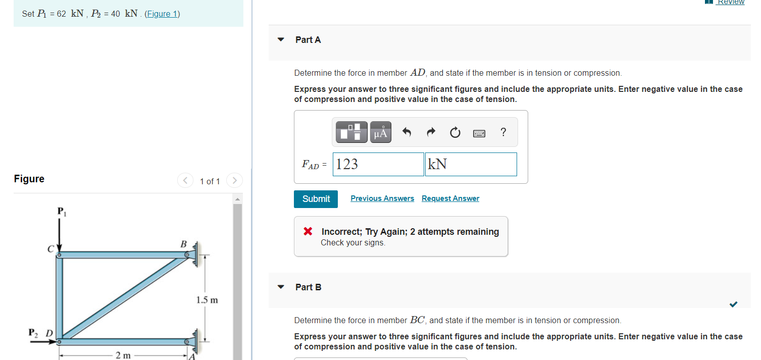 Solved Review Set Pi = 62 kN, P2 = 40 kN. (Figure 1) Part A | Chegg.com