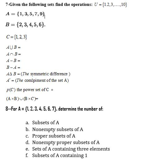 Solved 7-Given the following sets find the operations: U | Chegg.com