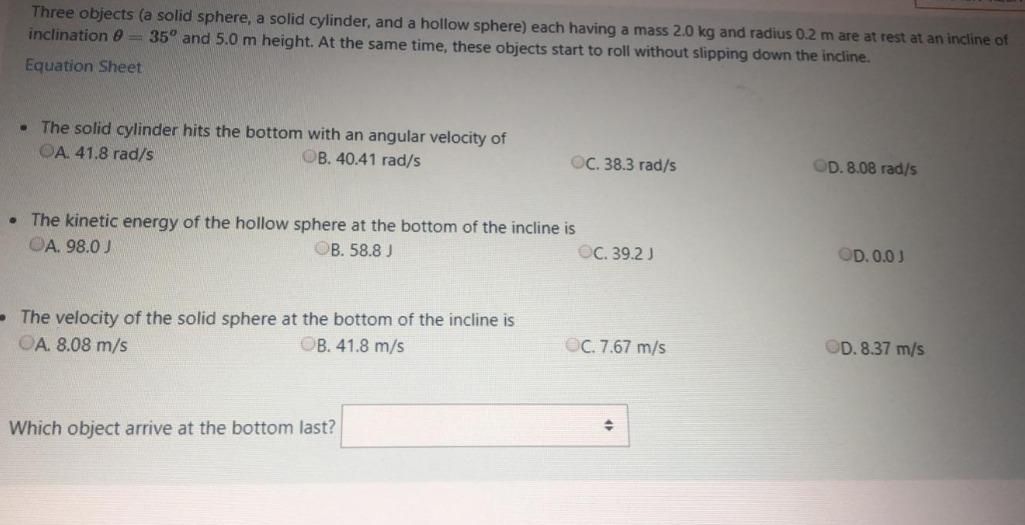 Solved Three objects (a solid sphere, a solid cylinder, and | Chegg.com