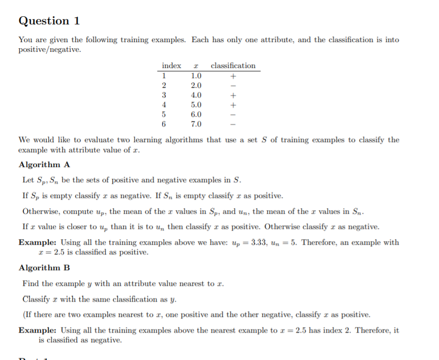 Question 1 You are given the following training | Chegg.com