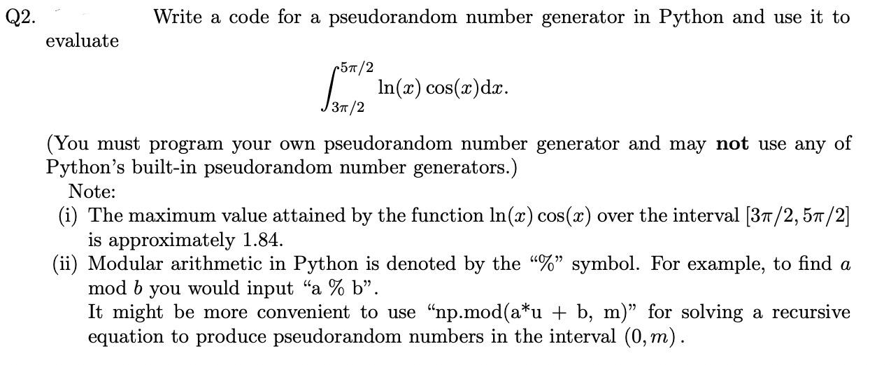 Solved Write A Code For A Pseudorandom Number Generator In | Chegg.com