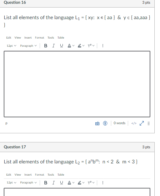 Solved Question 16 3 pts List all elements of the language | Chegg.com