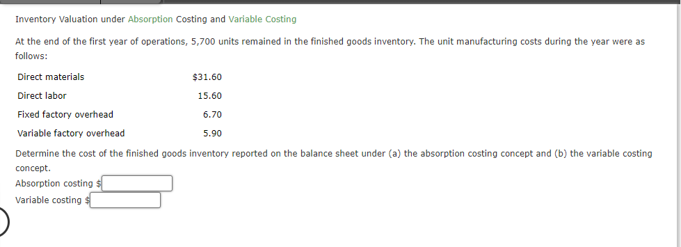 Solved Inventory Valuation under Absorption Costing and | Chegg.com