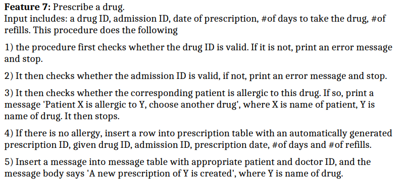 Solved Feature 7: Prescribe a drug. Input includes: a drug | Chegg.com