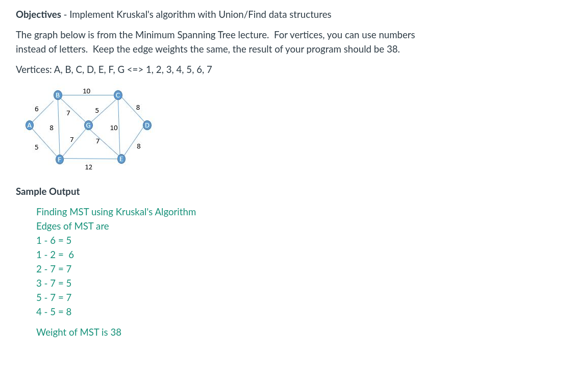 Solved Objectives - Implement Kruskal's Algorithm With | Chegg.com