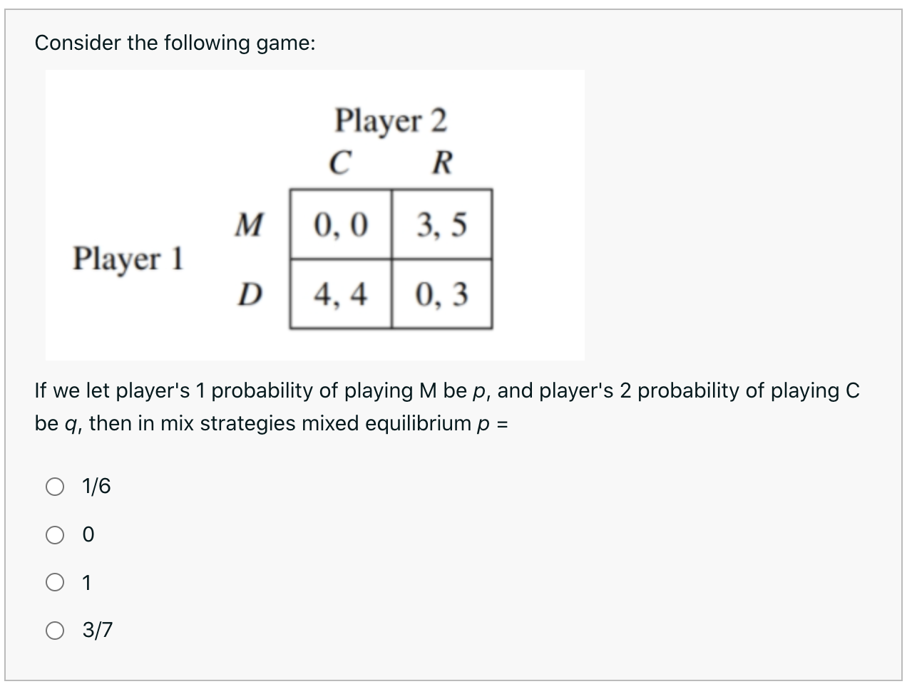 Solved Consider the following game: Player 2 CR M 0,0 3,5 | Chegg.com